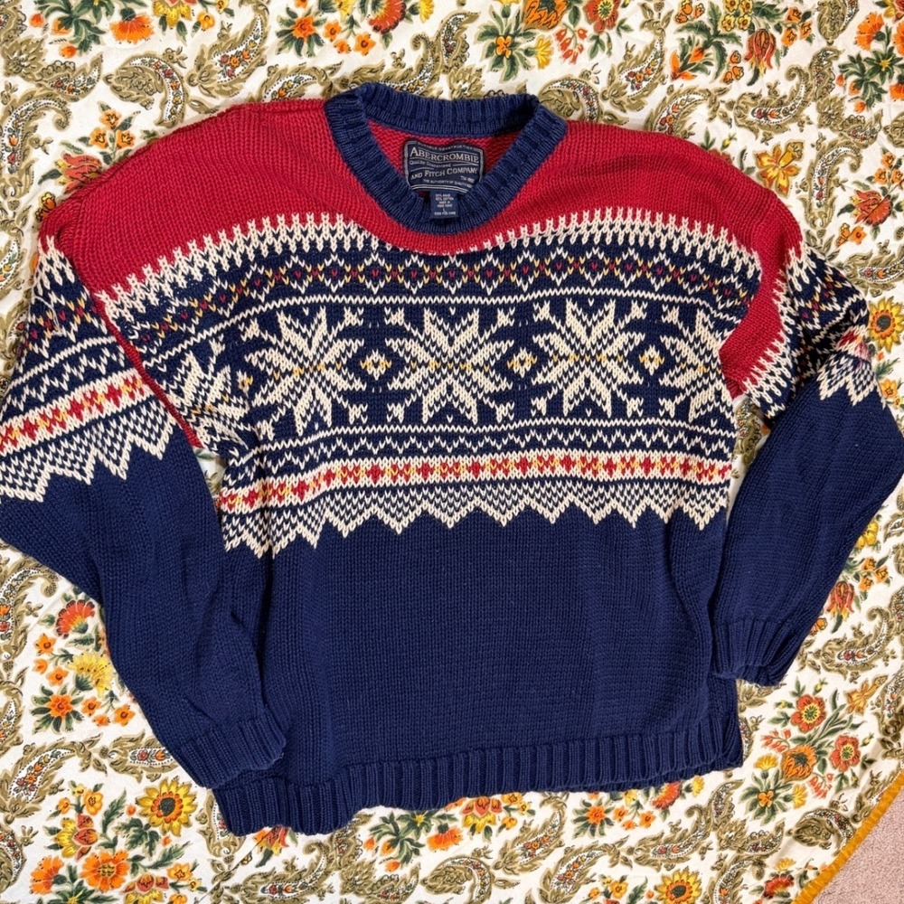 Vintage Abercrombie & Fitch Mens Red Navy Fair Isle Sweater Cotton Blend - L